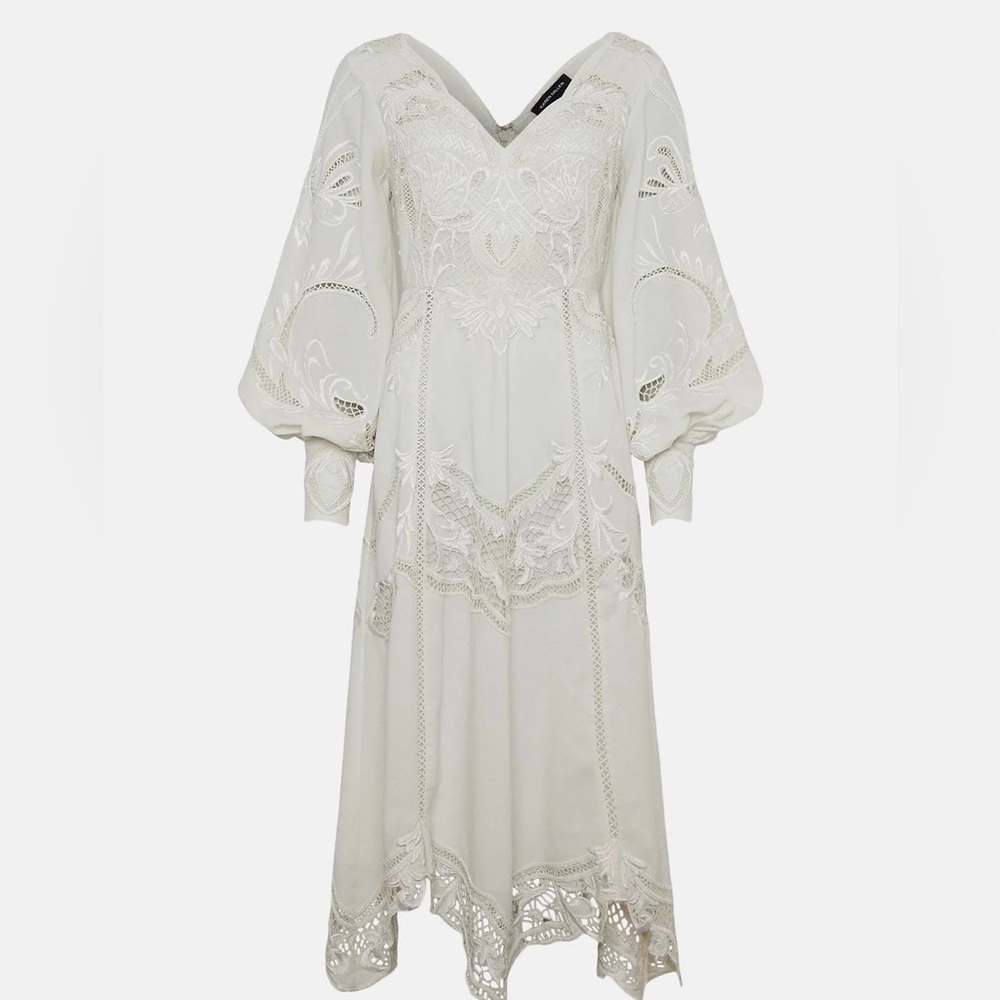 Karen Millen Cutwork Beaded Drama Sleeve Midi Dress in White, Size 8